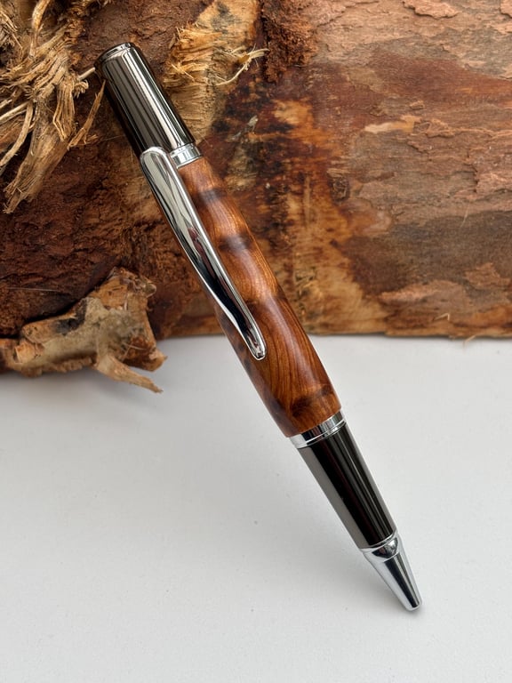 Handmade Thuya Burl  Ballpoint Pen with Gunmetal Accents Elegant Twist