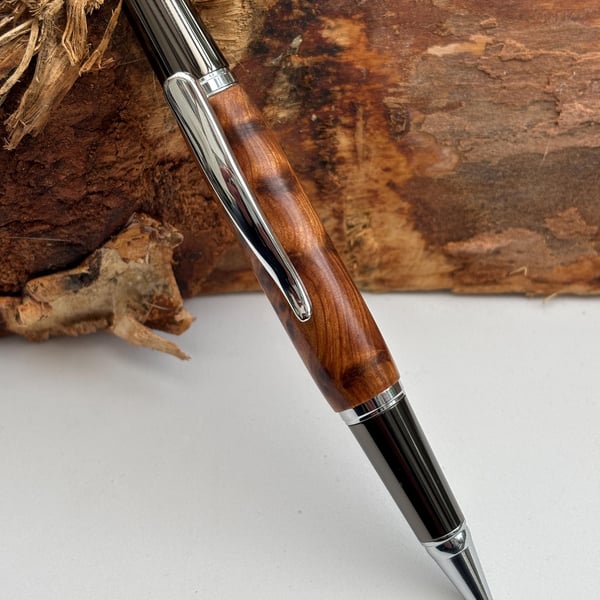 Handmade Thuya Burl  Ballpoint Pen with Gunmetal Accents Elegant Twist