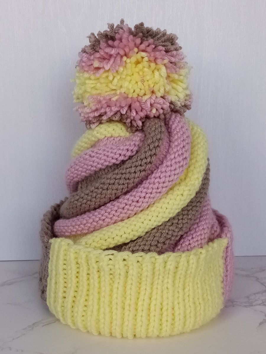 Neapolitan Ice Cream Swirl Hat, Bobble Hat, Novelty Hat, Fun Hat