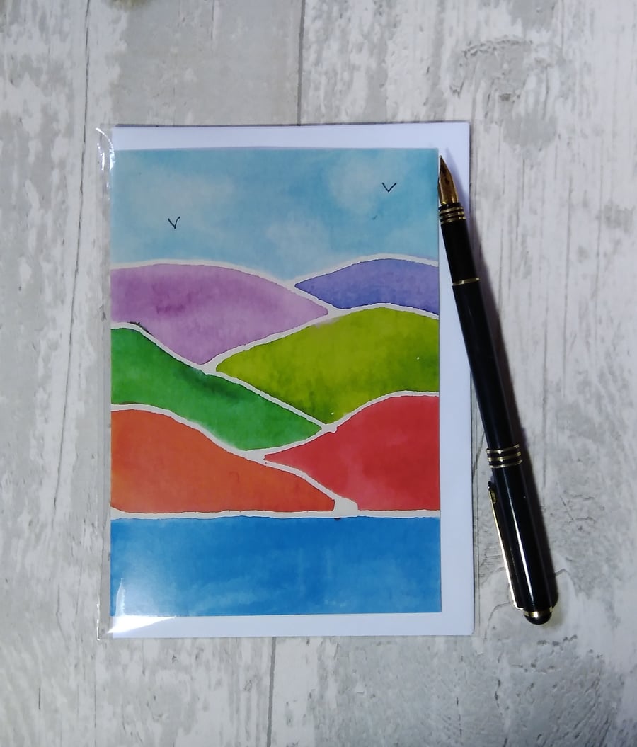 Birthday card (printed) Hills and Lake