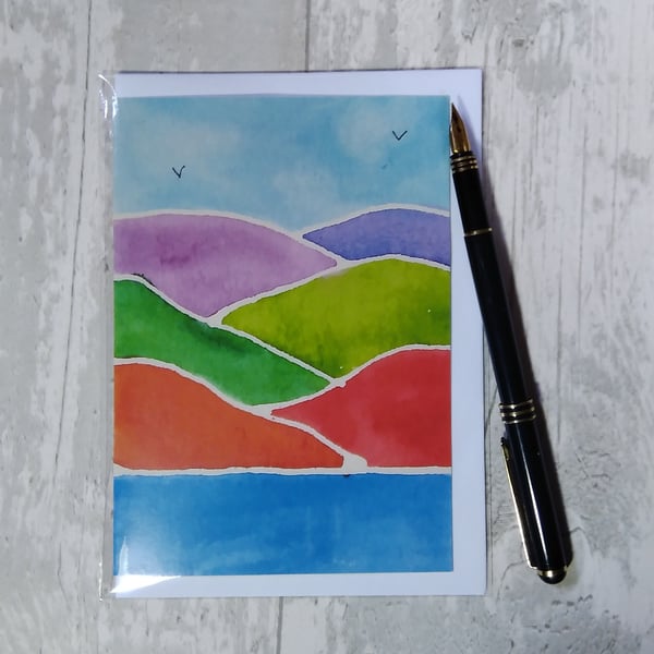 Birthday card (printed) Hills and Lake