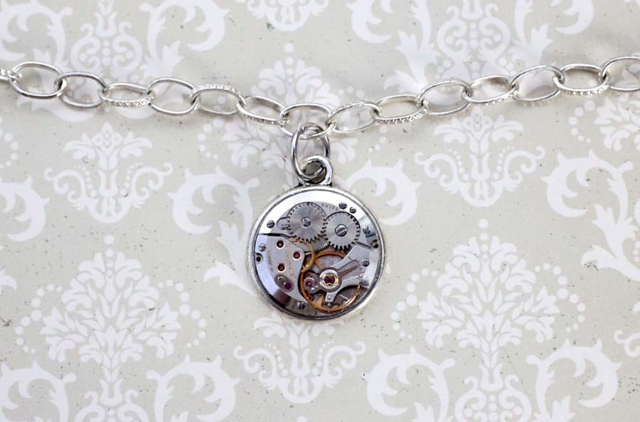 Steampunk Vintage Watch Part Charm Silver Bracelet