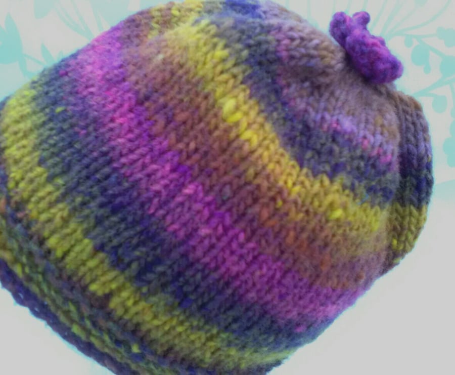 Handknit 100% WOOL NORO FLOWER TOP BEANIE SMALL