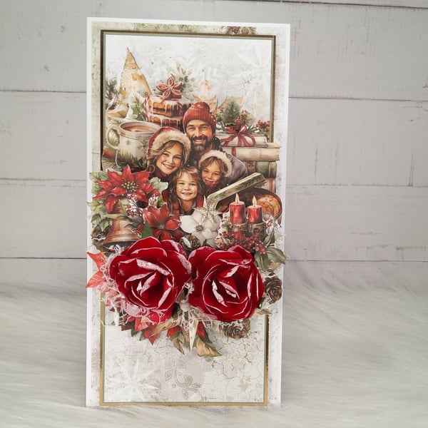 Handmade 3D Christmas Card. Family Christmas Scene & Red Roses. (29)