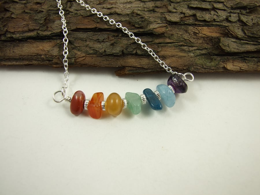 Sterling Silver Bar Pendant with a Rainbow of Gemstones