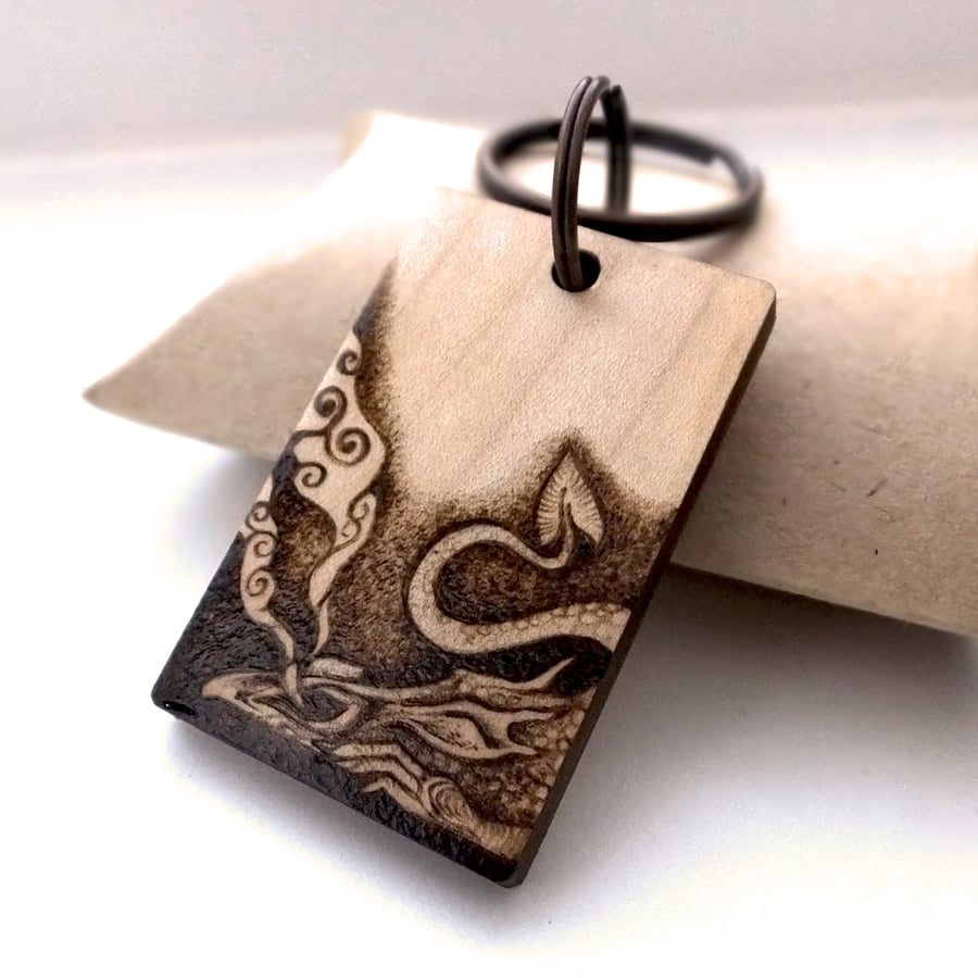 Dragon on guard, personalised pyrography wooden keyring.