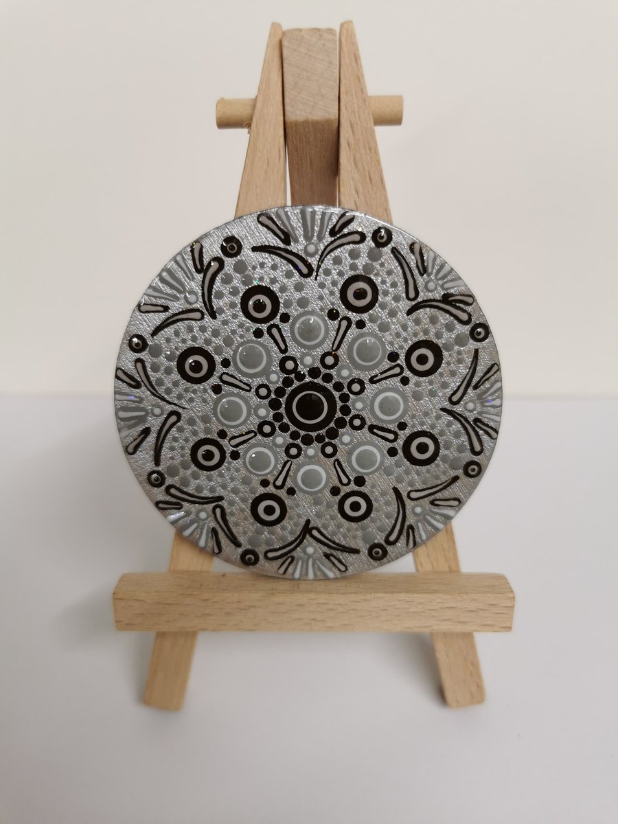 Hand painted silver and black mandala magnet