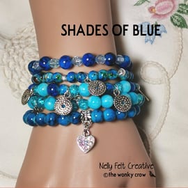 Shades of Blue stackable set of 5 Bohemian stretch to fit bracelets 