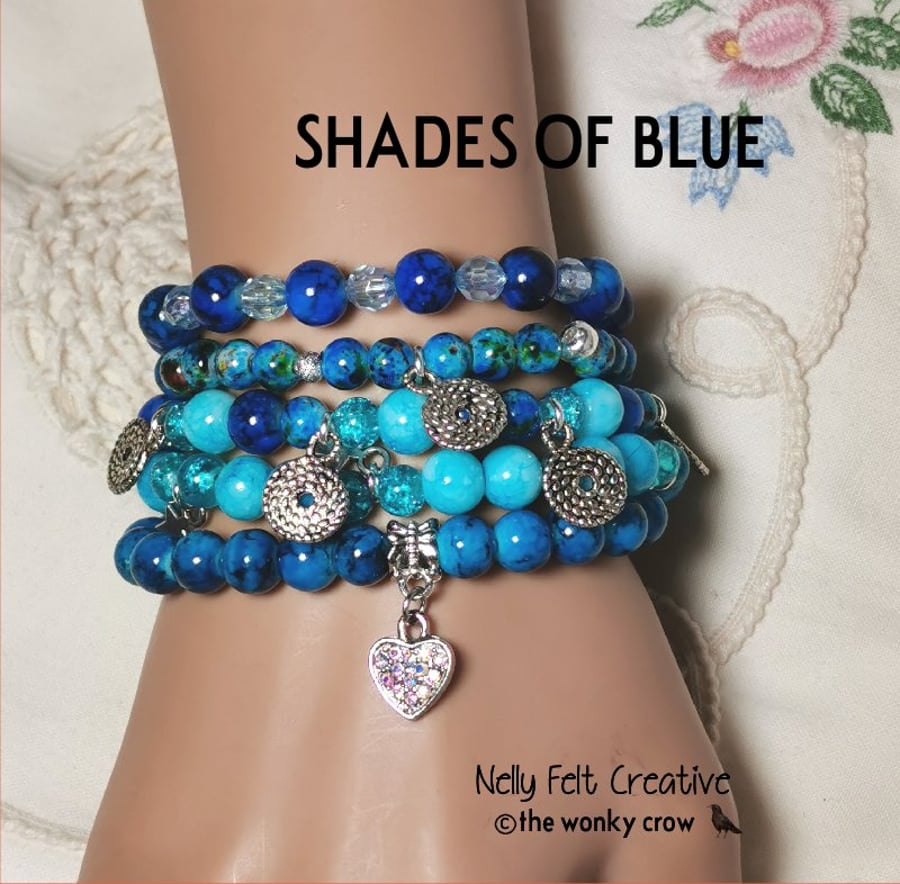 Shades of Blue stackable set of 5 Bohemian stretch to fit bracelets 