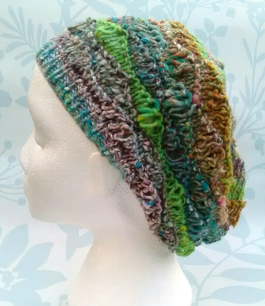 Handknit Cotton Wool Silk Lacy Beret Medium turquoise green mix
