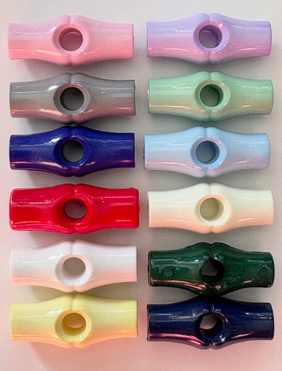 12 Toggle Buttons, 25mm Long, 1 Each of 12 Colours, Buy 1 Get 1 Free