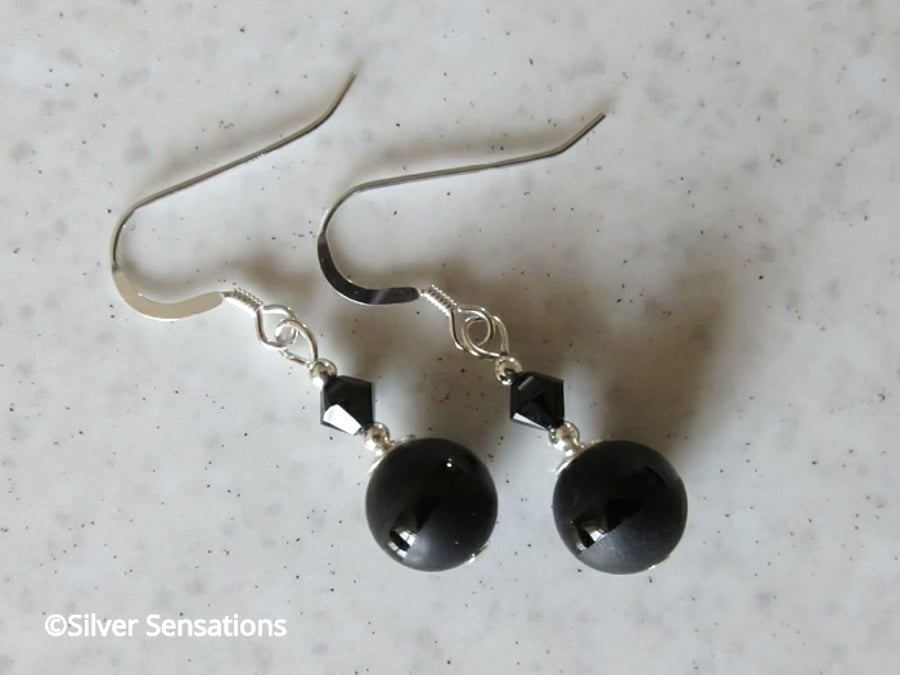 Jet Black Frosted Onyx Dainty Earrings With Premium Crystals & Sterling Silver