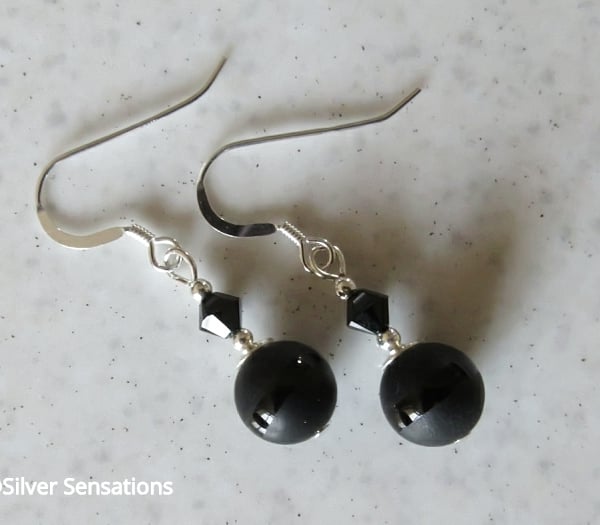 Jet Black Frosted Onyx Dainty Earrings With Premium Crystals & Sterling Silver