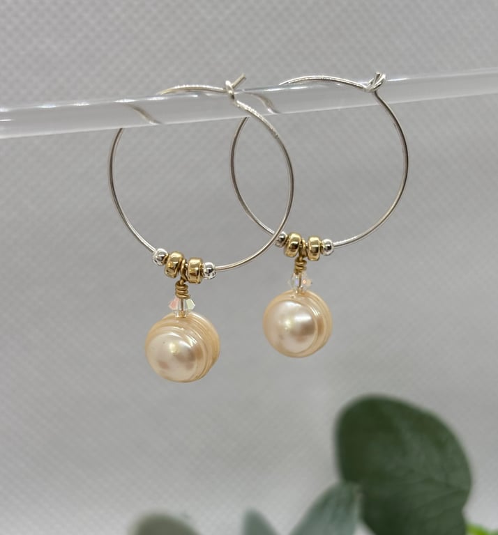 Sterling silver freshwater pearl hoops