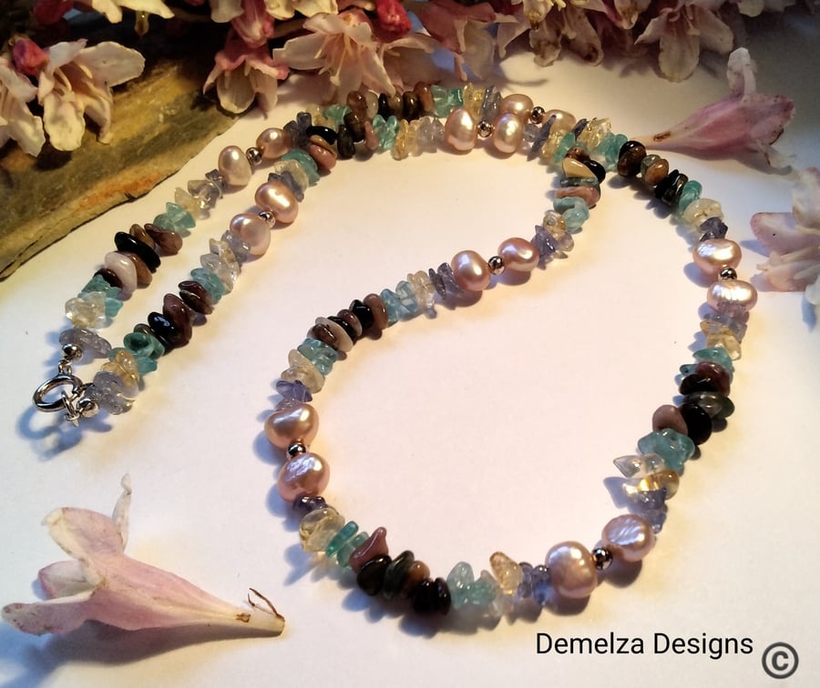 Multi Gemstine Tanzanite, Freshwater Pearl & Apatite Sterling Silver Necklace