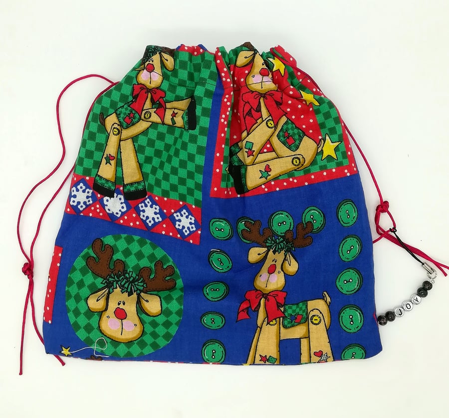 Kawaii Reindeer Christmas print bag-drawstrings & charm dangle,gift bag,stocking