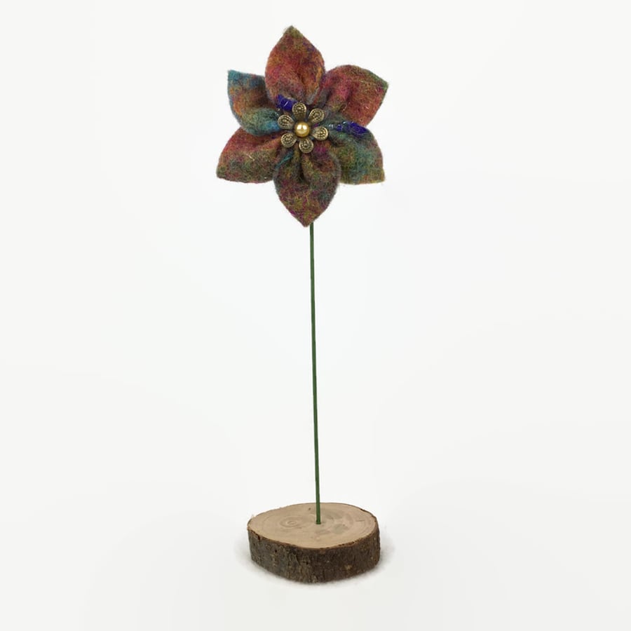 Felted flower decoration, single multicoloured flower on wooden base