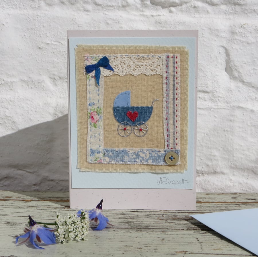 Little Blue Pram hand-stitched baby card, birth or Christening, vintage button