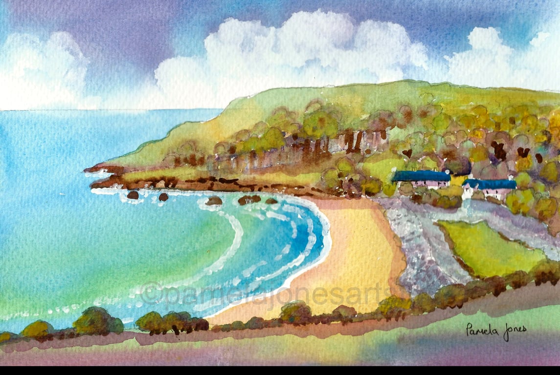 Pwll Du Bay, Gower, Watercolour Print in 14 x 11'' Mount.
