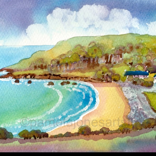 Pwll Du Bay, Gower, Watercolour Print in 14 x 11'' Mount.