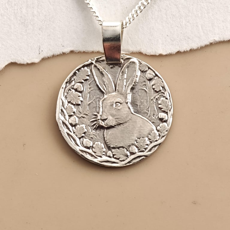 Hare Engraved Sterling Silver Coin Necklace
