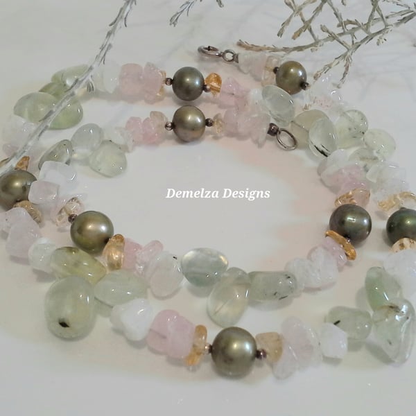 Prehenite, Rose Quarts & Freshwater Pearl Sterling Silver Necklace