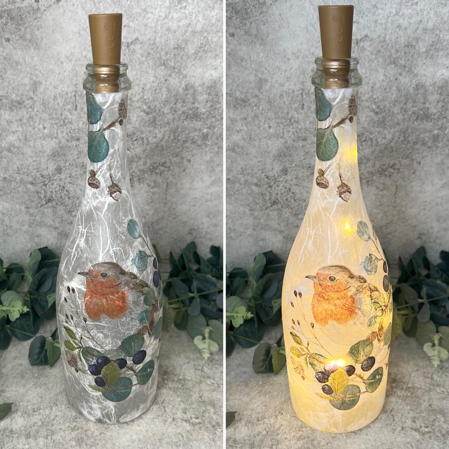 Bottle Light Decoupage Glass: Robin, Upcycled Brandy Bottle, Home Decor, Rustic 