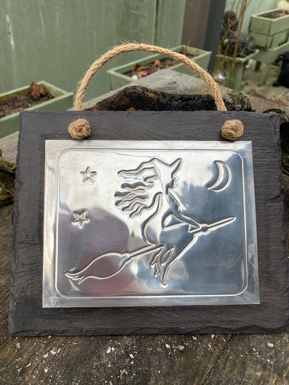 Witch on Broomstick Hanging on Slate