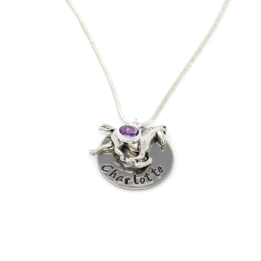 Personalised Necklace with Horse Charm and Birthstone - Gift Boxed Free Delivey