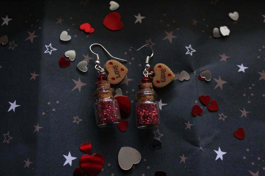 love heart cookie red glitter tiny bottle earrings