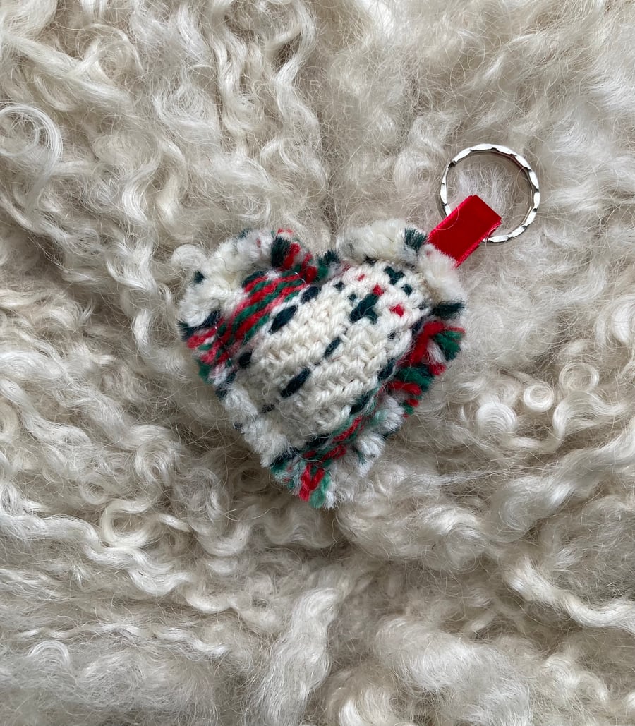 Heart Keyring - Rosy Red & Green wool mix