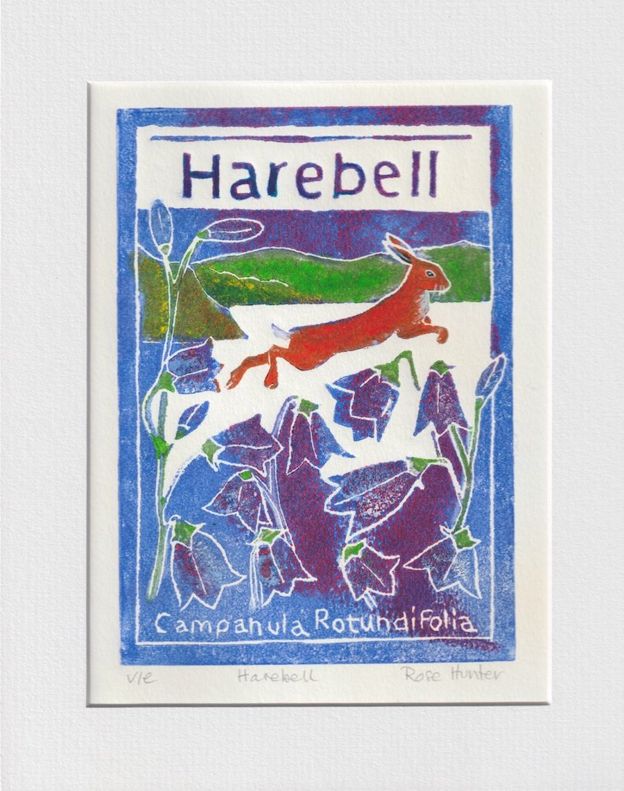 Harebell - charity original hand painted lino print 015