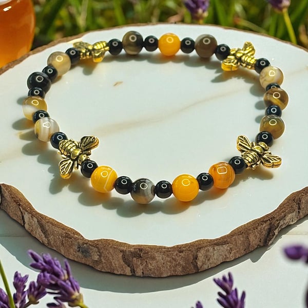Bumble Bee Agate stretch Bracelet, gift for bee lovers, nature lovers