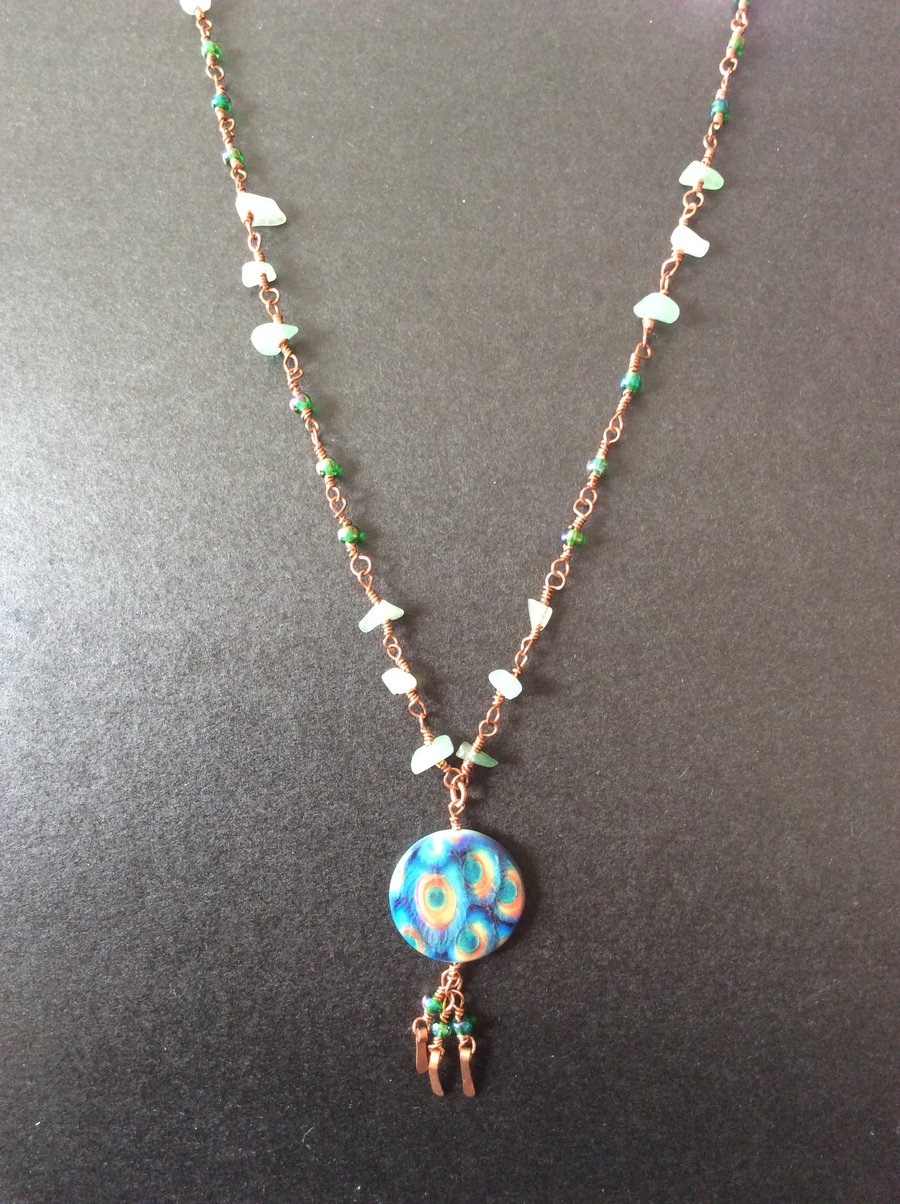 Jade and Paua Shell Wire Wrapped Copper Necklace