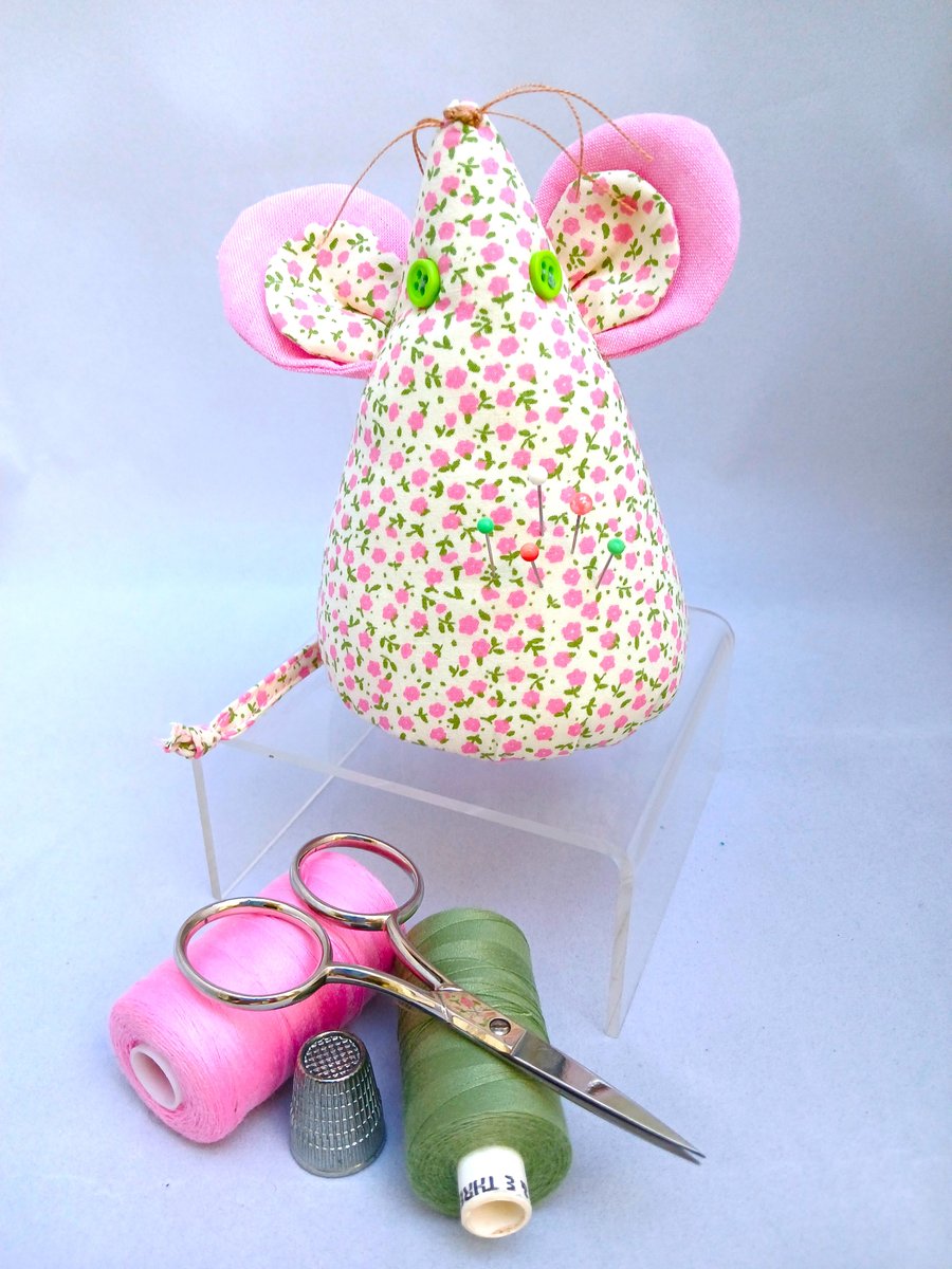Pin Cushion, Mouse, in pink and green floral fabric