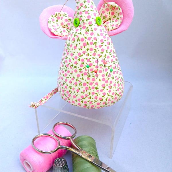 Pin Cushion, Mouse, in pink and green floral fabric