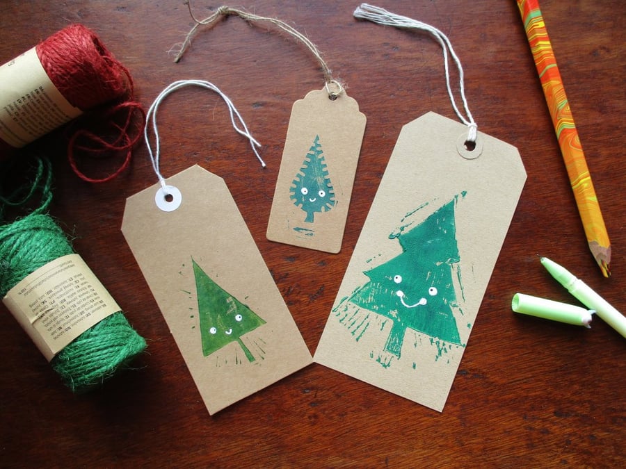 SALE - Happy Trees - lino cut hand printed Christmas gift tags