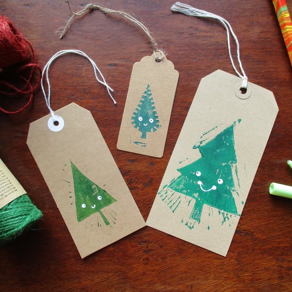 SALE - Happy Trees - lino cut hand printed Christmas gift tags