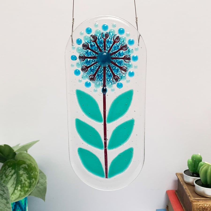 Blue Fused Glass Retro Allium Rounded Hanging - Handmade Glass Suncatcher