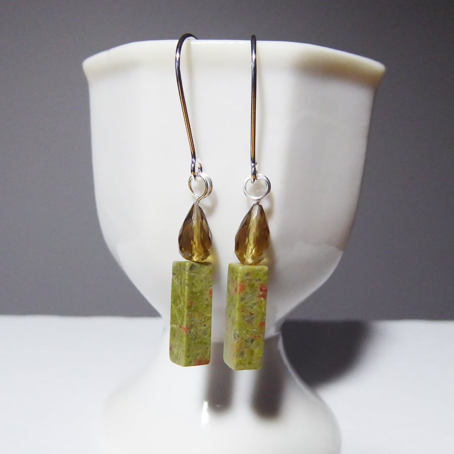 Sterling Silver Earrings with Green Unakite Candle & Faceted Honey Quartz Flame