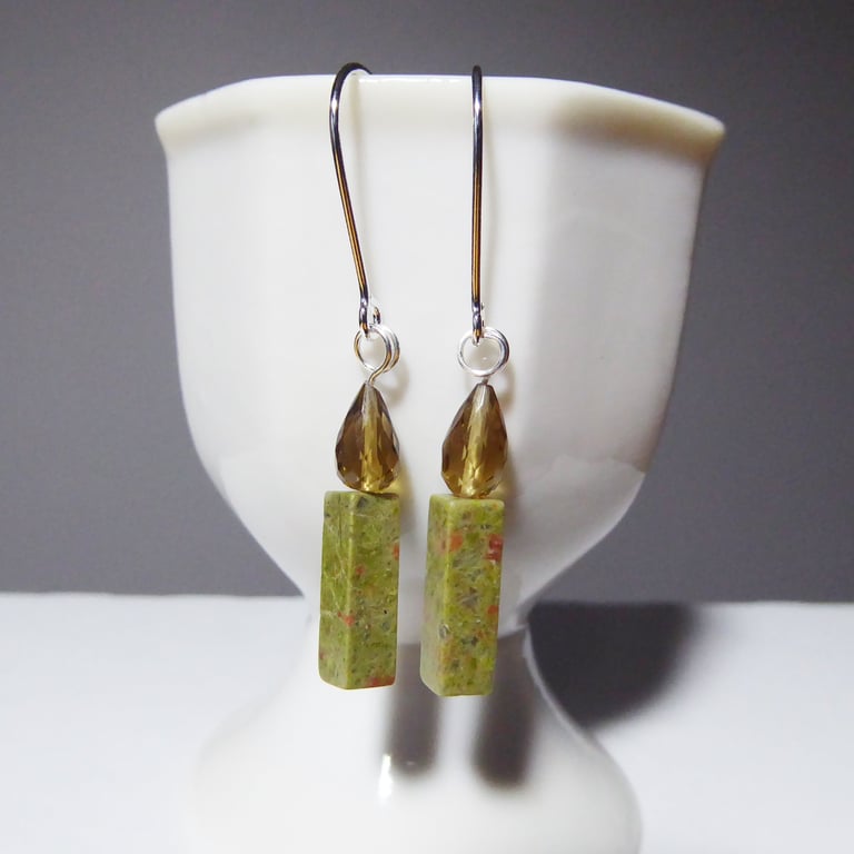 Sterling Silver Earrings with Green Unakite Candle & Faceted Honey Quartz Flame