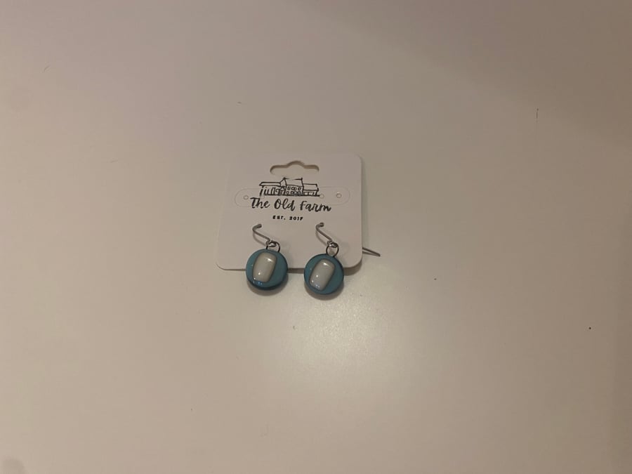Beautiful Handmade Cream and Blue Fused Glass Sterling Silver Drop Earrings