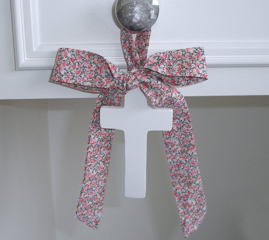 Cross With Liberty Ribbon Hanging Decoration Easter White