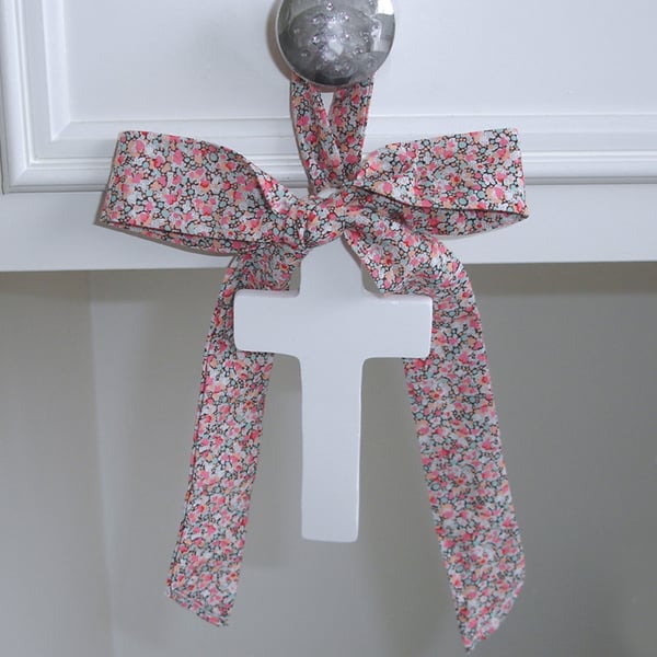 Cross With Liberty Ribbon Hanging Decoration Easter White