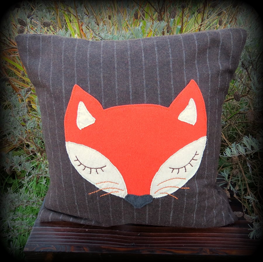 SALE!   Snoozy Fox on chocolate pinstripe.  A cushion complete with feather pad.