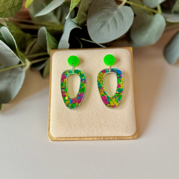 Organic Hollow Oval Green Festival Confetti Earrings