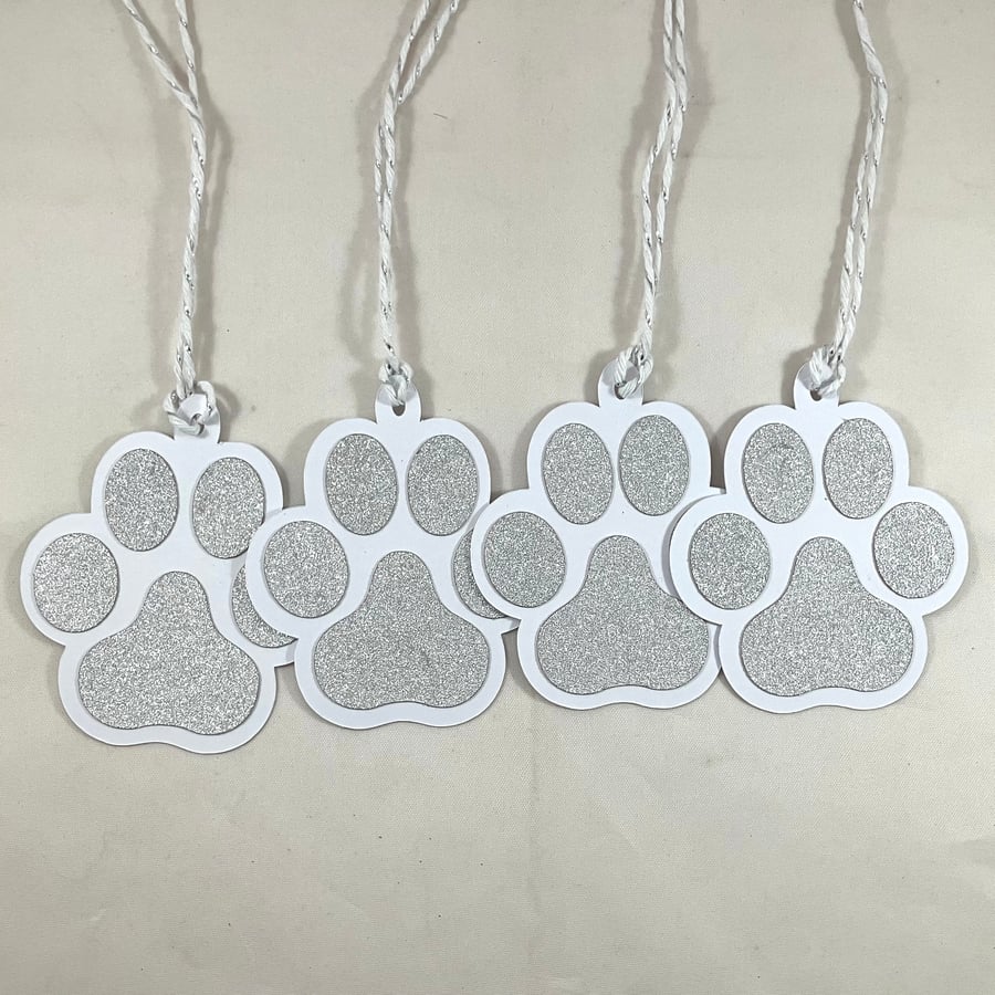 Silver glitter card paw print gift tags