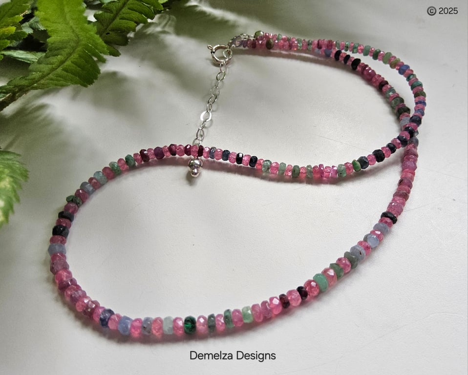Genuine Emerald, Ruby, Sapphire &  Rare Pink Spinel Sterling Silver Necklace