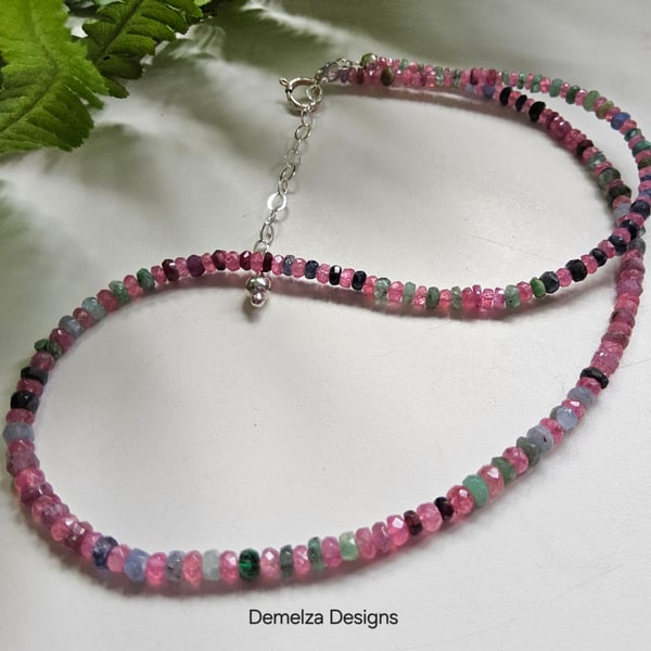Genuine Emerald, Ruby, Sapphire &  Rare Pink Spinel Sterling Silver Necklace