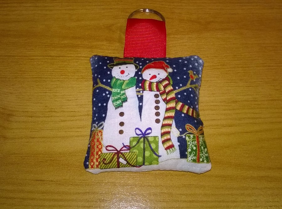 Christmas Key ring, Snowman design, Red ribbon, weighted, made in Cornwall